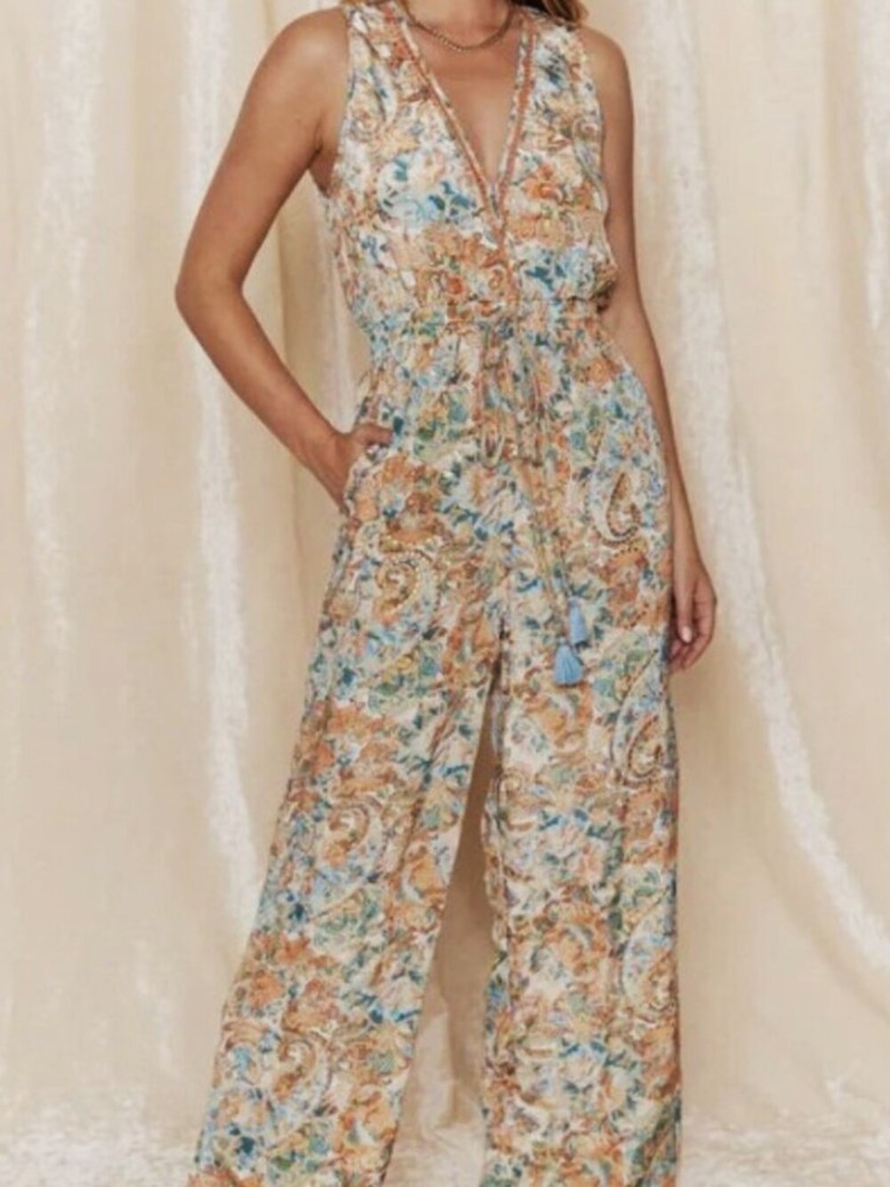 NWT RAGA Diya Floral Multicolor Picot Trim Tassel Waist Boho Jumpsuit. Size M